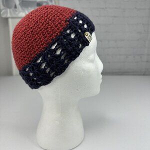 Handmade New Matilda Hobbii Friends Cotton Silk in Deep Red Navy Knit Beanie-S/M